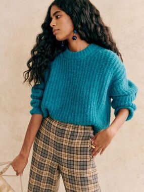 Sezane Jose Jumper Turquoise Blue Alpaca Wool Knit Sweater Soft Fuzzy
